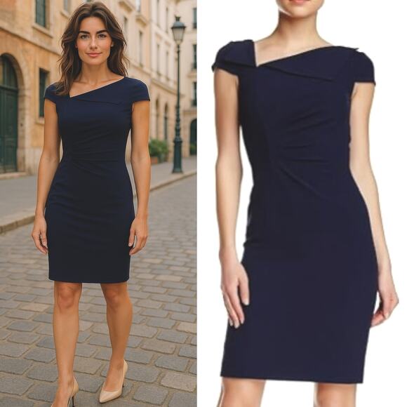 TAHARI ASL Asymmetric Collar Sheath Dress Navy Blue Cap Sleeve Career Office 8 - Picture 13 of 13